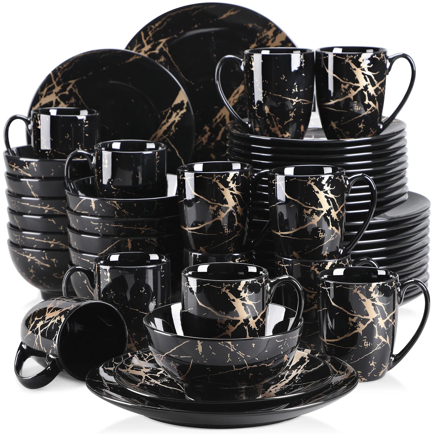 Black Porcelain Dinnerware Set with Elegant Gold Splash Design