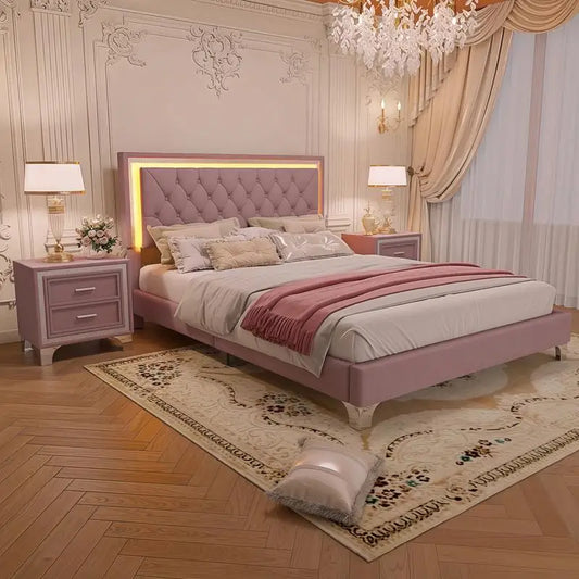3-Piece Queen Upholstered Bedroom Set with LED Headboard