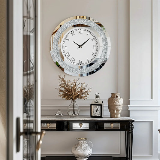 24-inch Mirrored Wall Clock with Crystal Accents