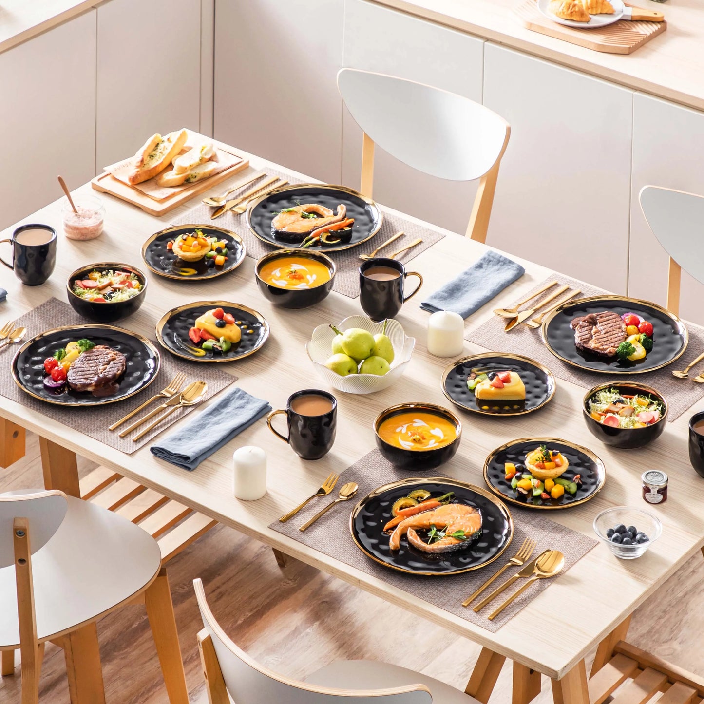 Black Porcelain Dinnerware Set with Elegant Gold Trim