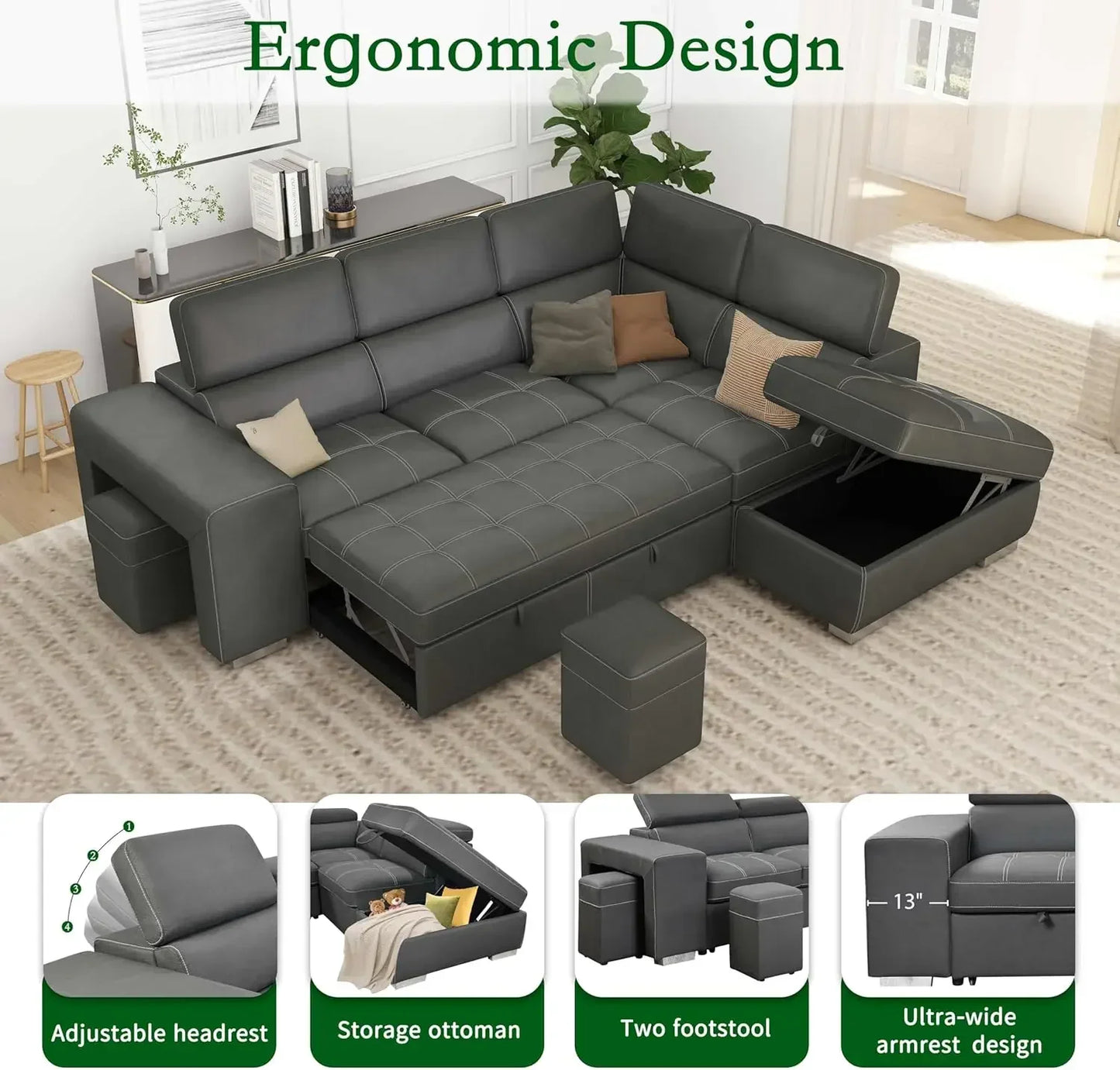 L-Shaped Sleeper Sectional with Pull Out Bed and Storage Ottoman