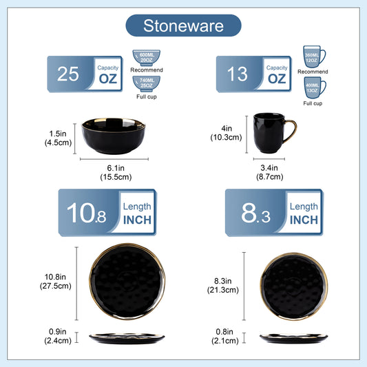 Black Porcelain Dinnerware Set with Elegant Gold Trim
