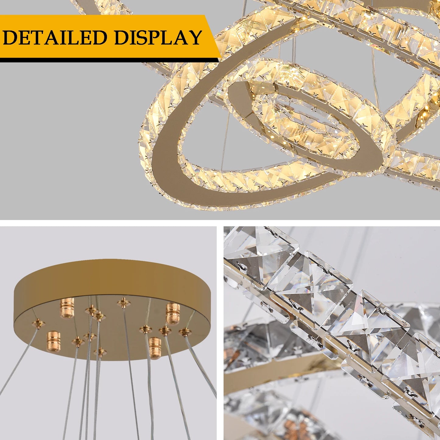 Modern Crystal Ring Chandelier with 3 LED Rings