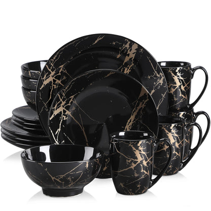 Black Porcelain Dinnerware Set with Elegant Gold Splash Design