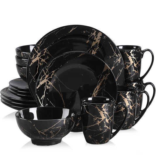 Black Porcelain Dinnerware Set with Elegant Gold Splash Design