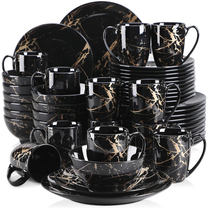 Black Porcelain Dinnerware Set with Elegant Gold Splash Design