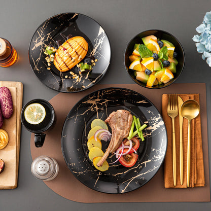 Black Porcelain Dinnerware Set with Elegant Gold Splash Design