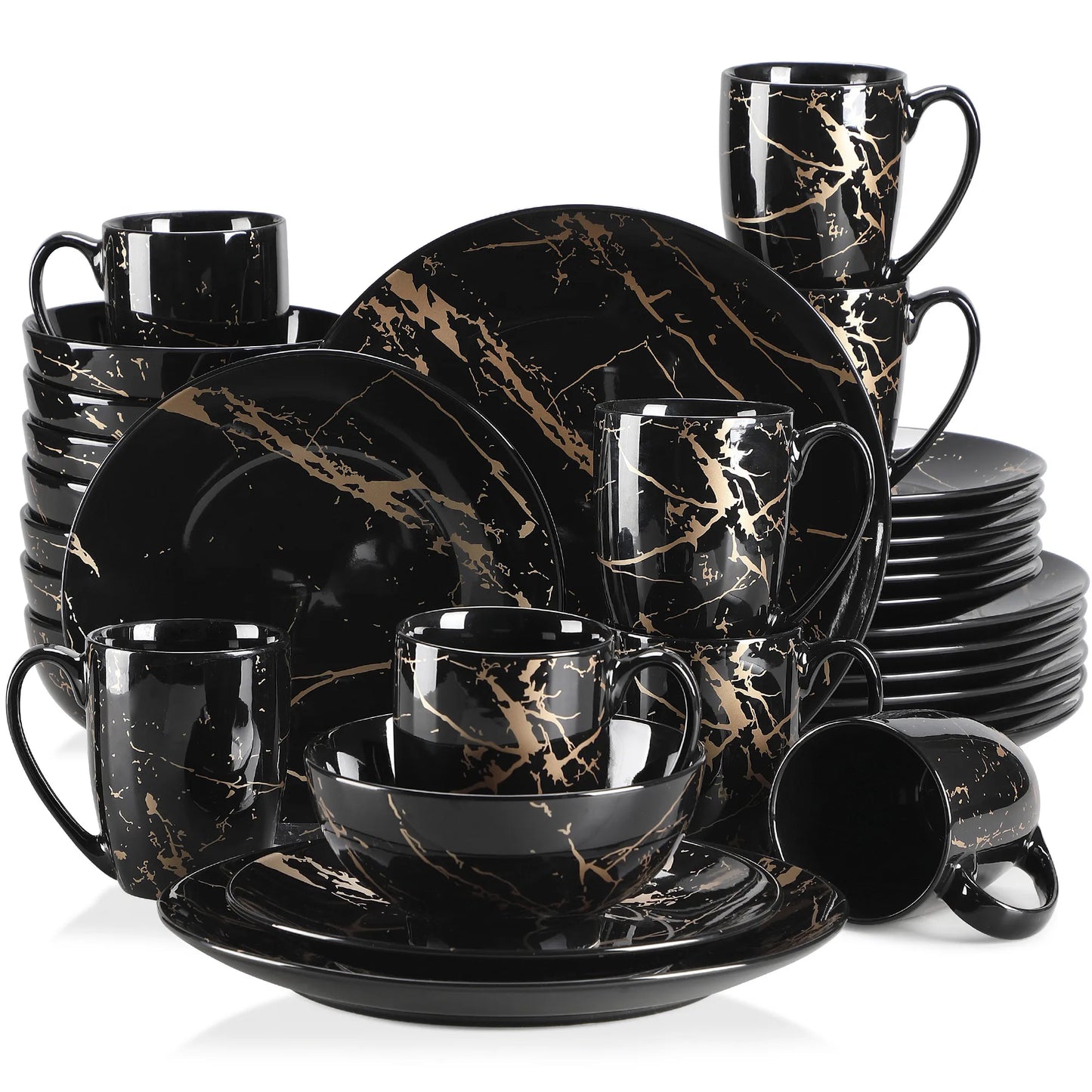 Black Porcelain Dinnerware Set with Elegant Gold Splash Design