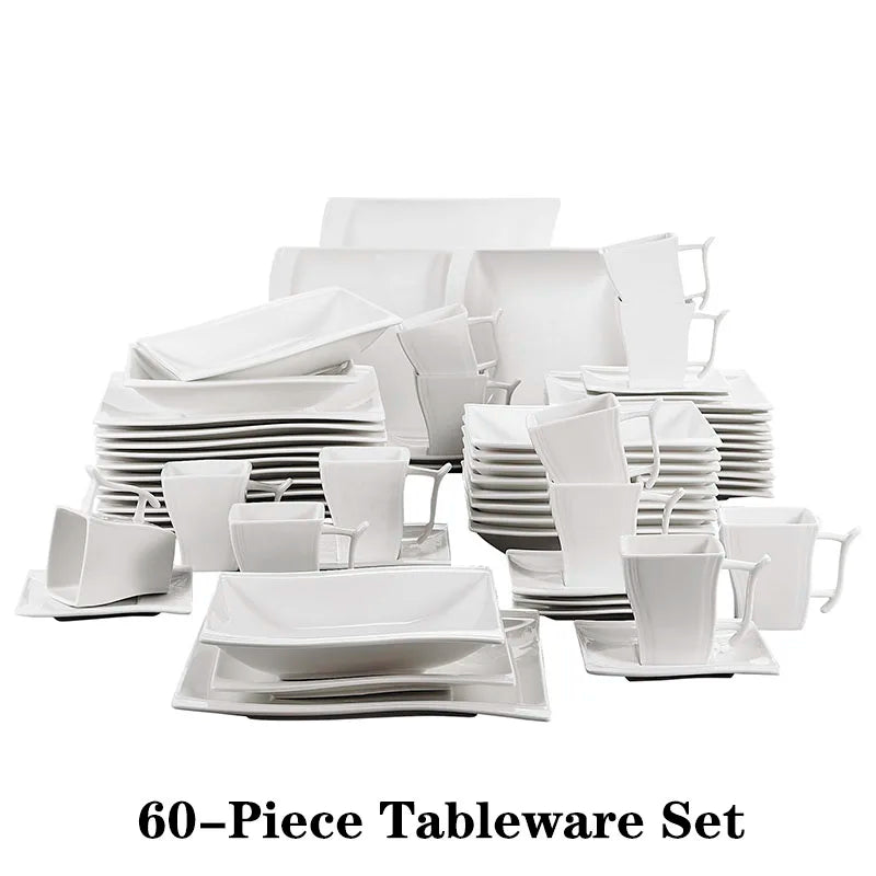 White Porcelain Dinnerware Set with Cups Plates and Saucers