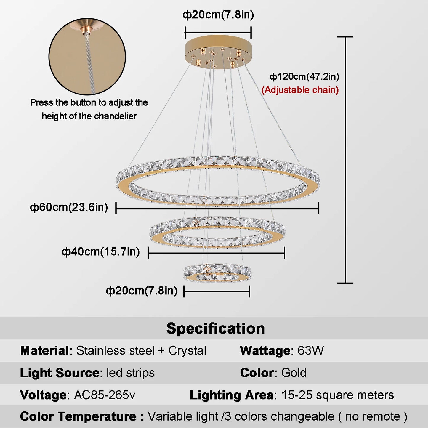Modern Crystal Ring Chandelier with 3 LED Rings