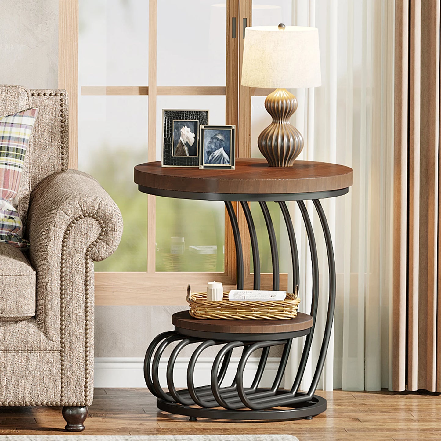 Gold Round End Table with Storage Shelf