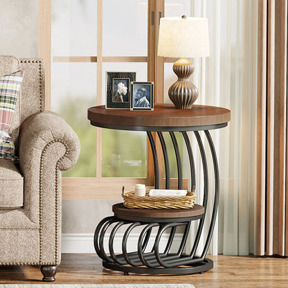Gold Round End Table with Storage Shelf