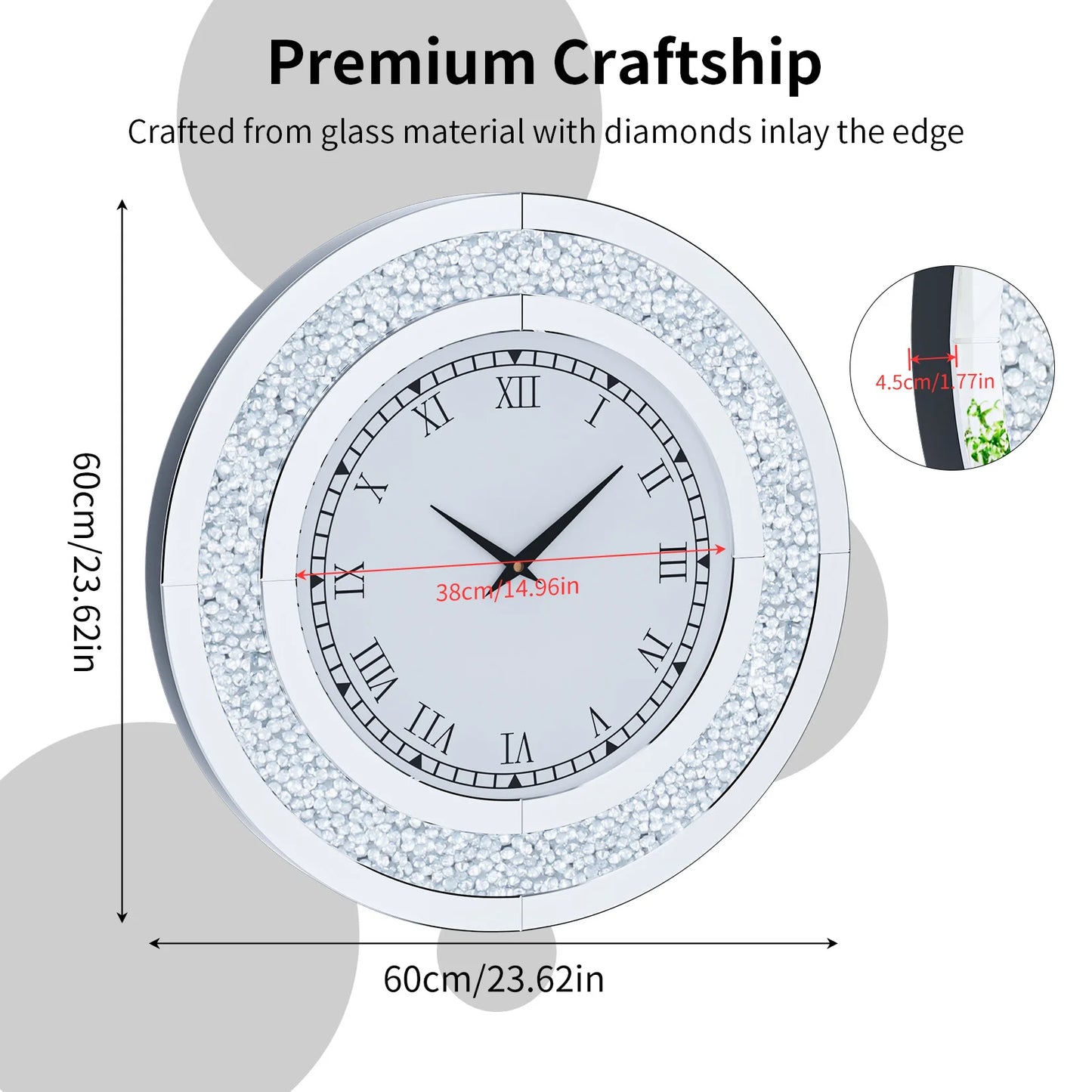 24-inch Mirrored Wall Clock with Crystal Accents