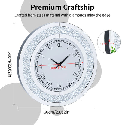 24-inch Mirrored Wall Clock with Crystal Accents