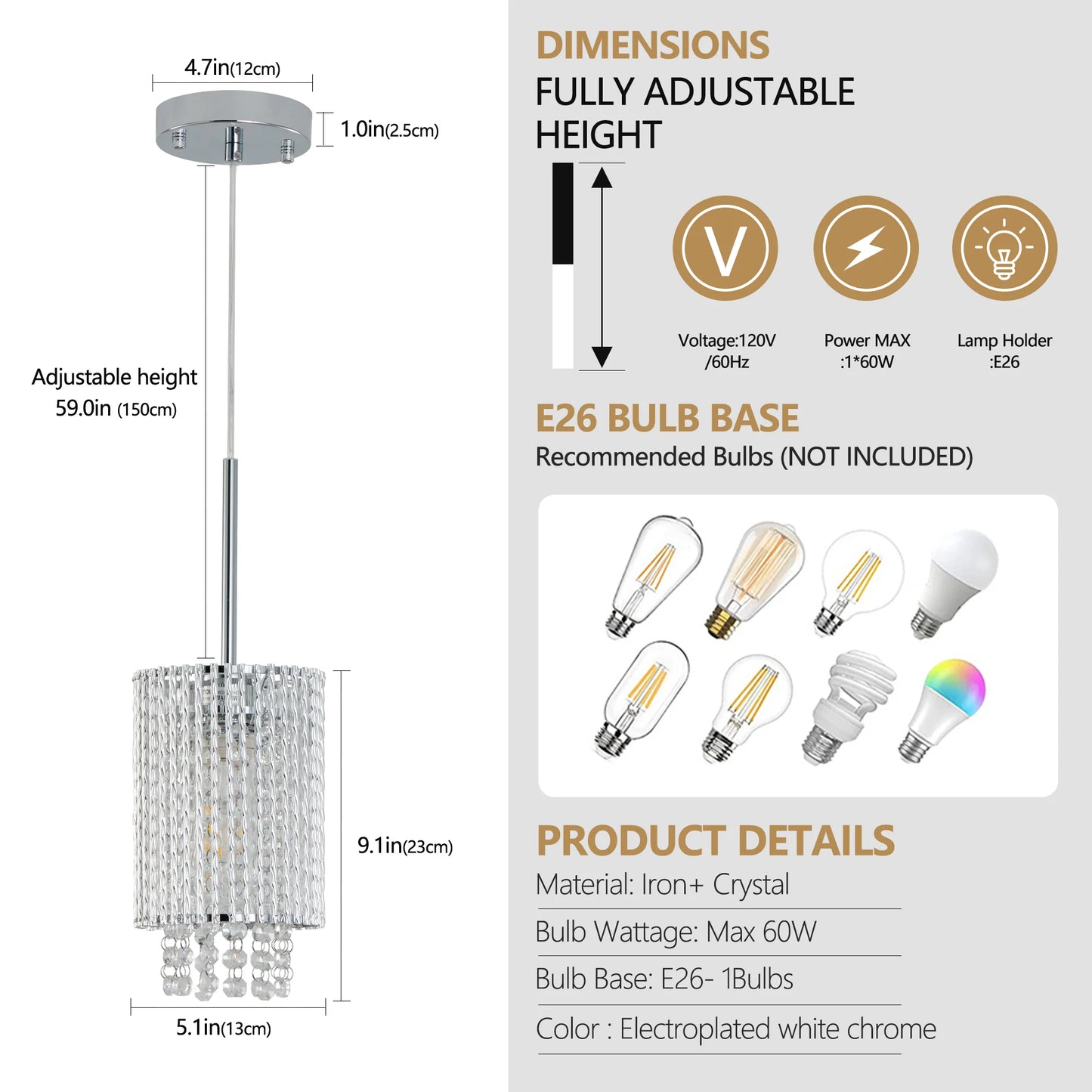 Modern Crystal Pendant Light 3-Pack Adjustable Ceiling Fixture