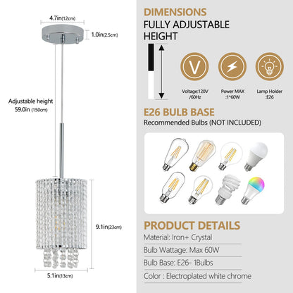 Modern Crystal Pendant Light 3-Pack Adjustable Ceiling Fixture