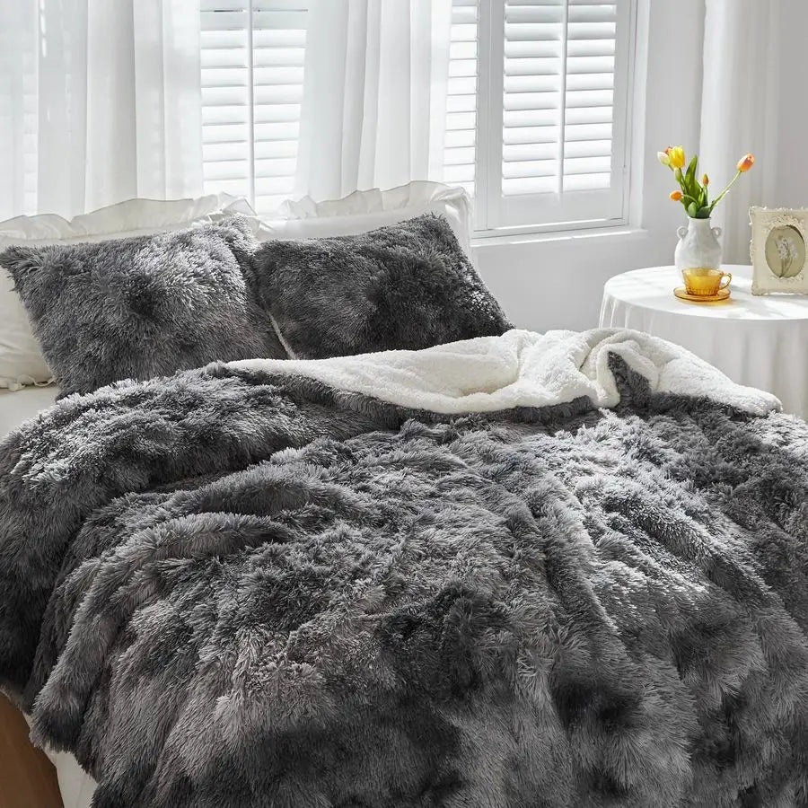 Faux Fur Shaggy Queen Comforter Set Plush Sherpa Bedding