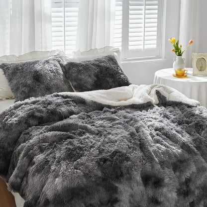 Faux Fur Shaggy Queen Comforter Set Plush Sherpa Bedding