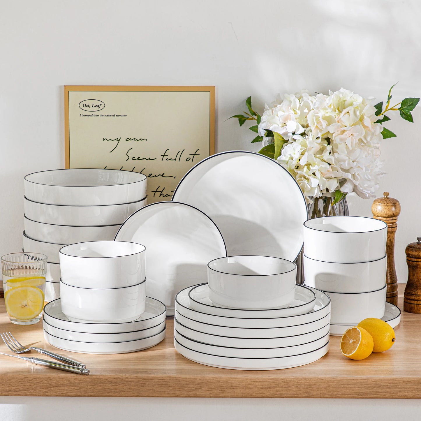 White Porcelain Dinnerware Set with Modern Black Rim Design