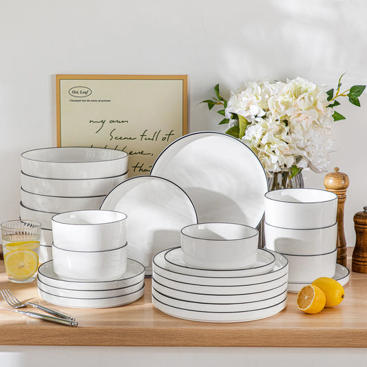 White Porcelain Dinnerware Set with Modern Black Rim Design