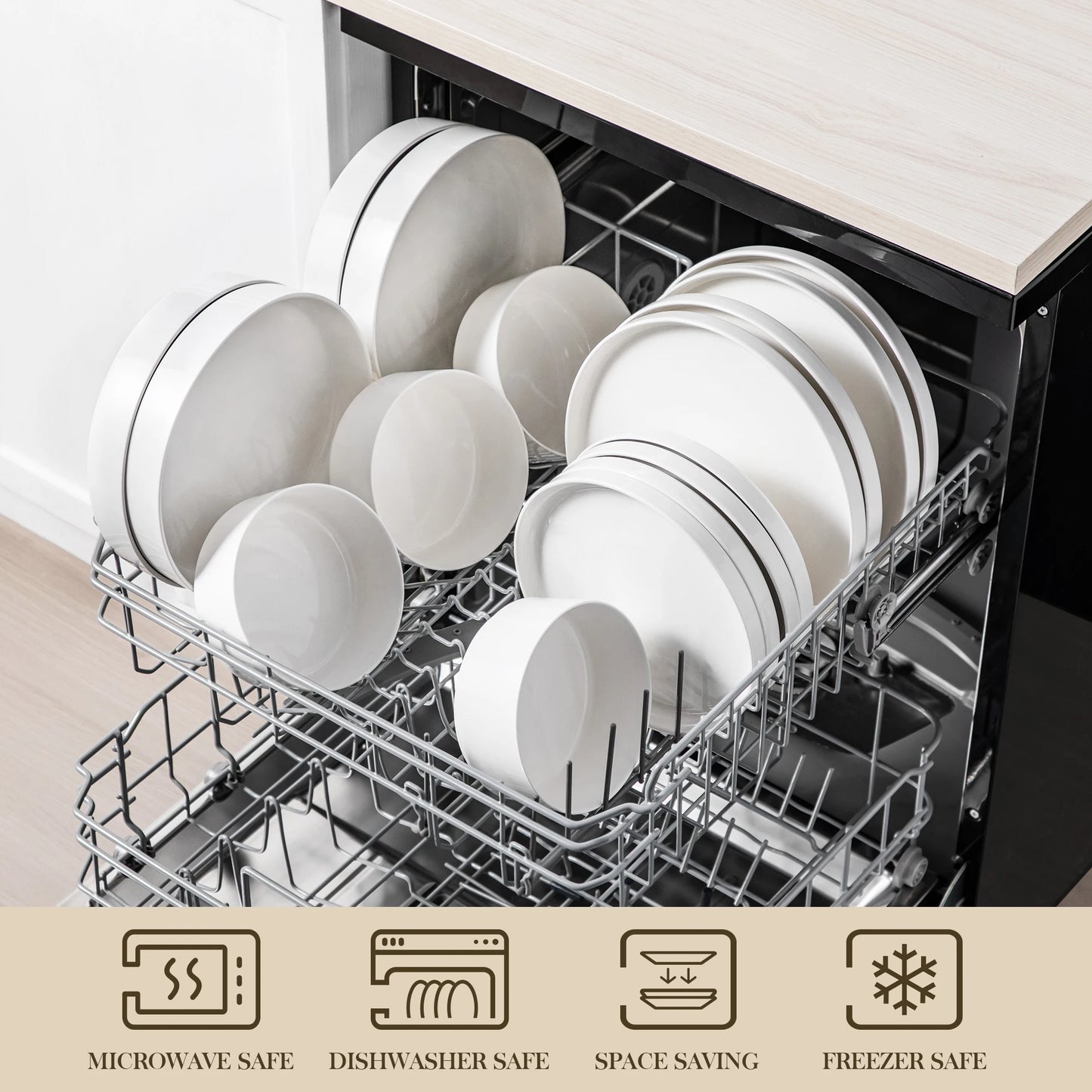 White Porcelain Dinnerware Set with Modern Black Rim Design