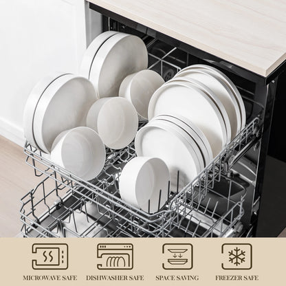 White Porcelain Dinnerware Set with Modern Black Rim Design