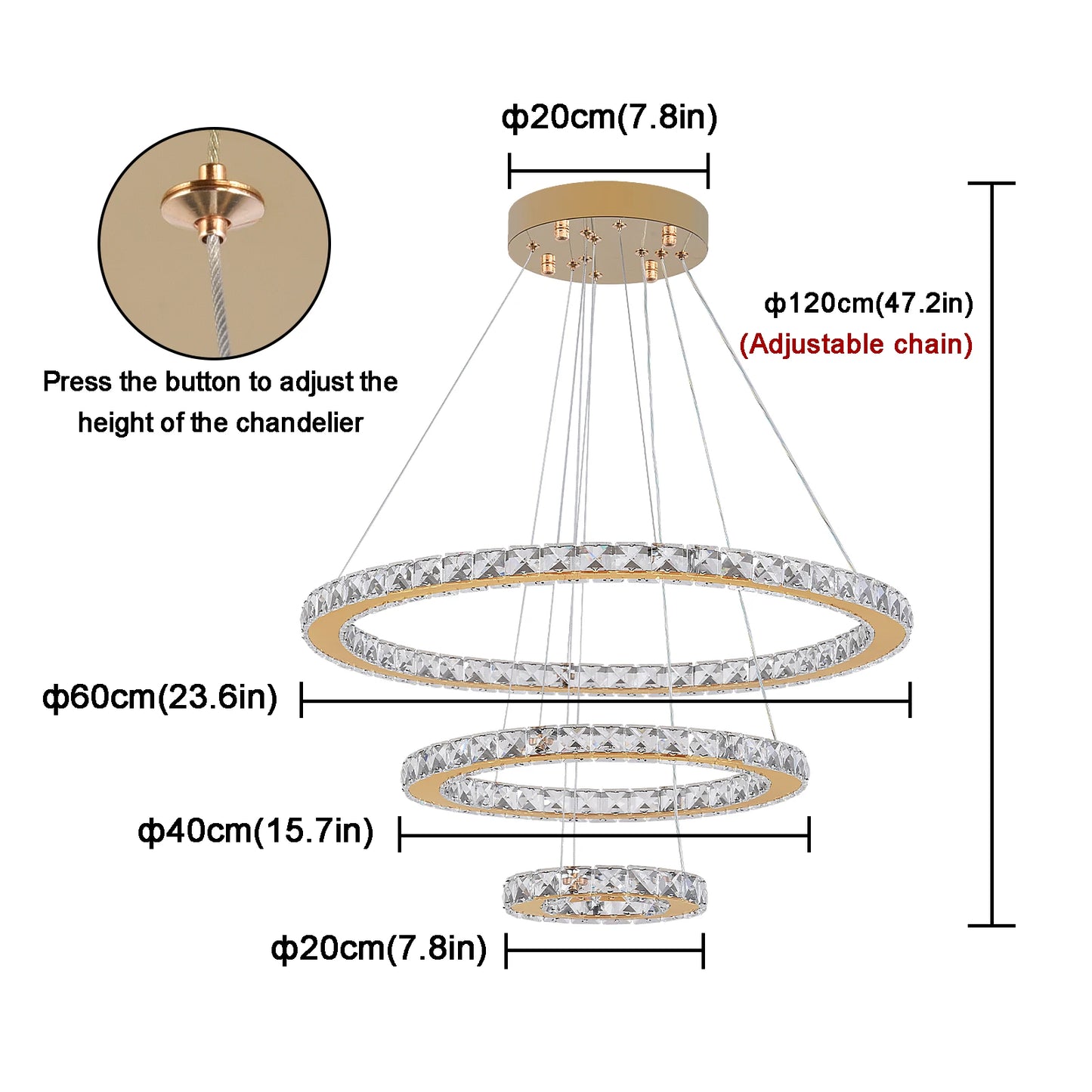 Modern Crystal Ring Chandelier with 3 LED Rings