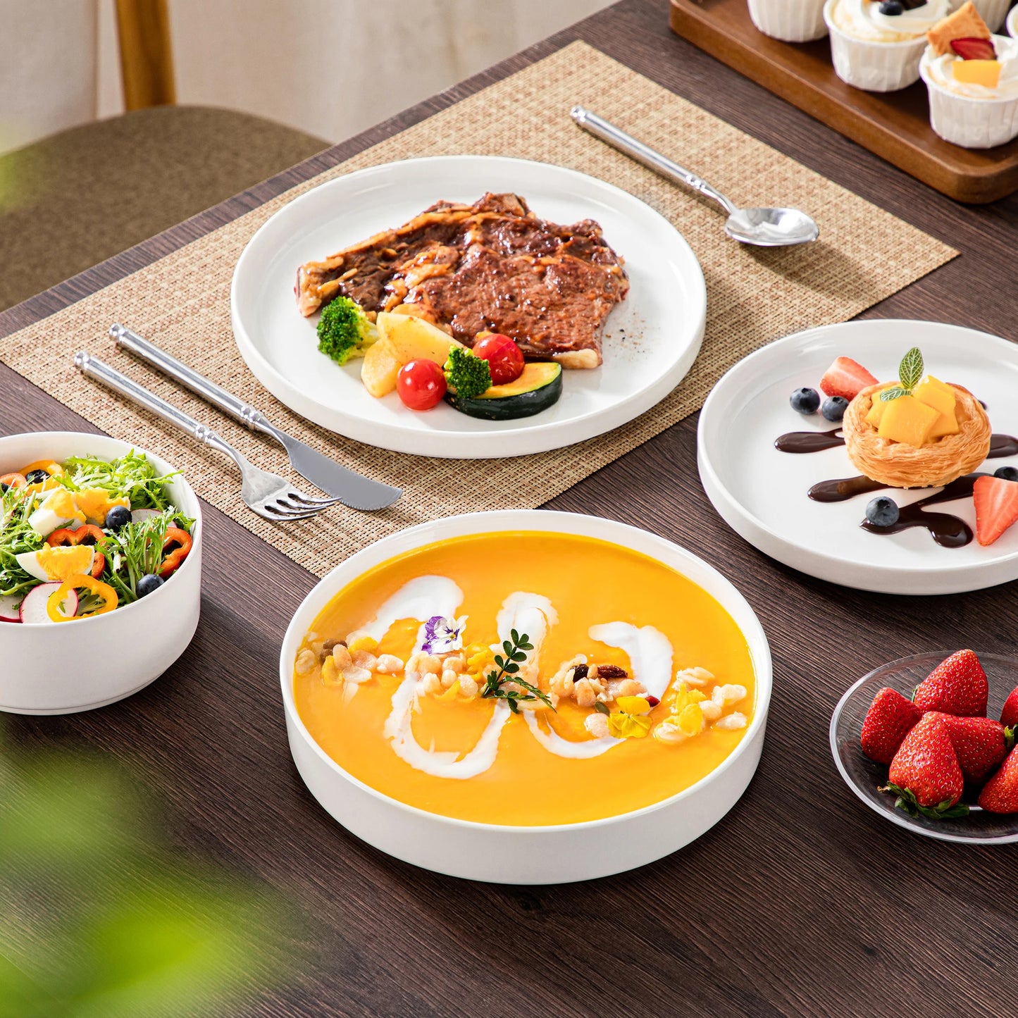 White Porcelain Dinnerware Set with Modern Black Rim Design