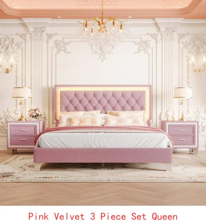 3-Piece Queen Upholstered Bedroom Set with LED Headboard