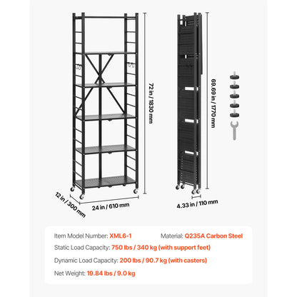 Foldable Rolling 5-Tier Metal Storage Shelf Rack