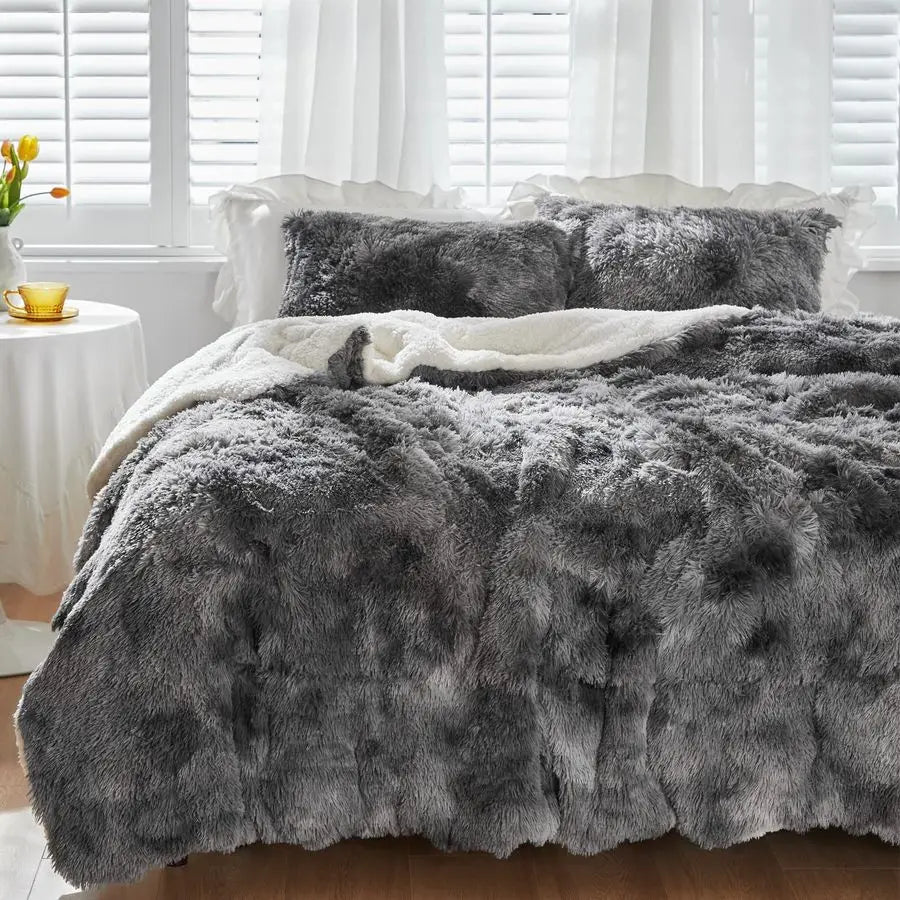 Faux Fur Shaggy Queen Comforter Set Plush Sherpa Bedding
