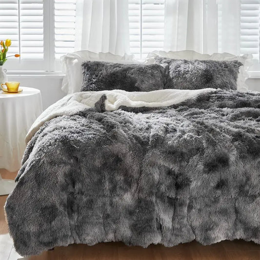 Faux Fur Shaggy Queen Comforter Set Plush Sherpa Bedding