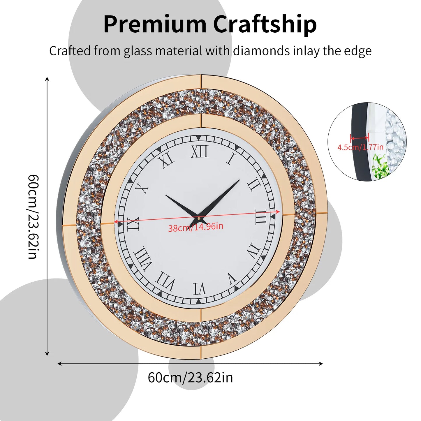 24-inch Mirrored Wall Clock with Crystal Accents