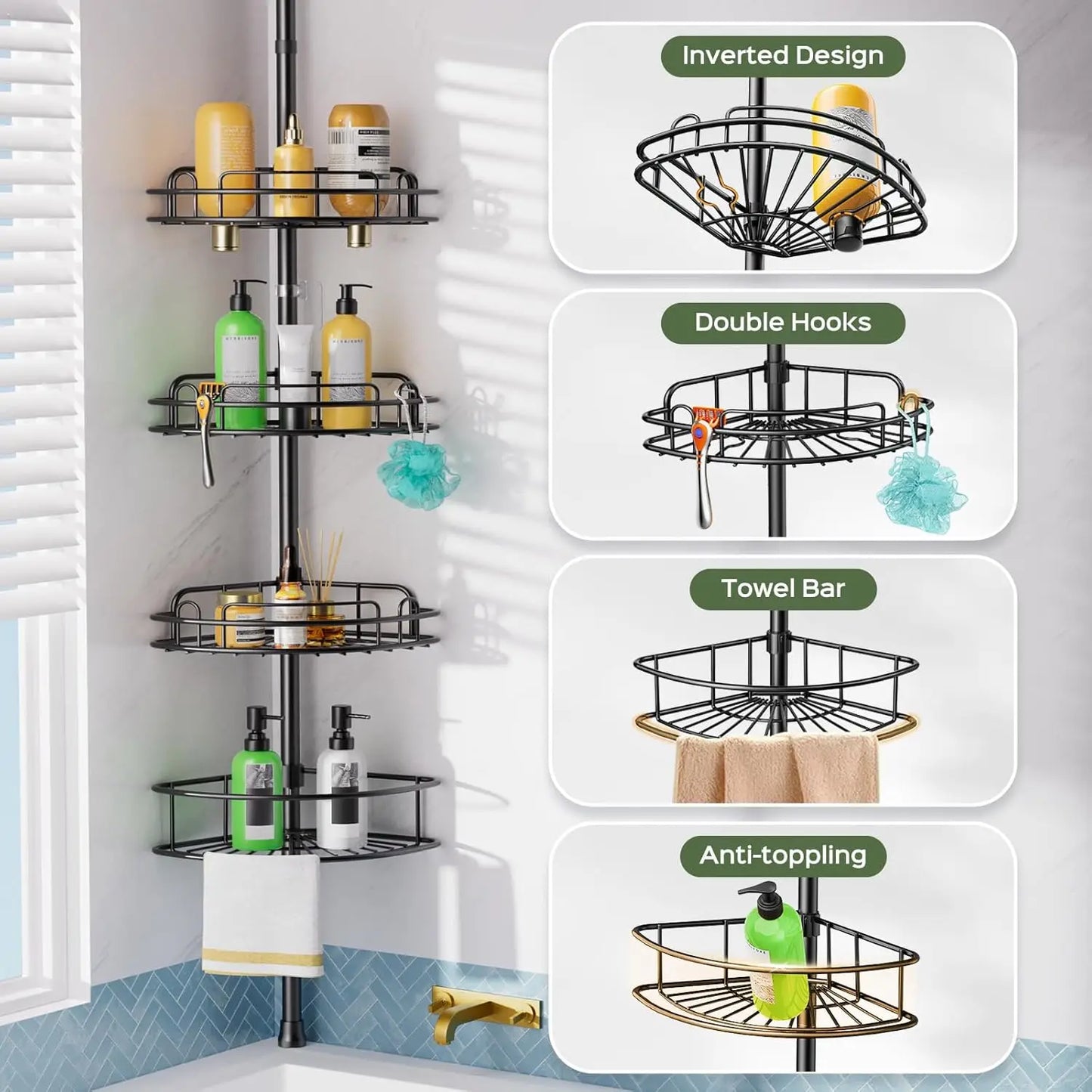 4-Tier Adjustable Shower Caddy with Tension Pole