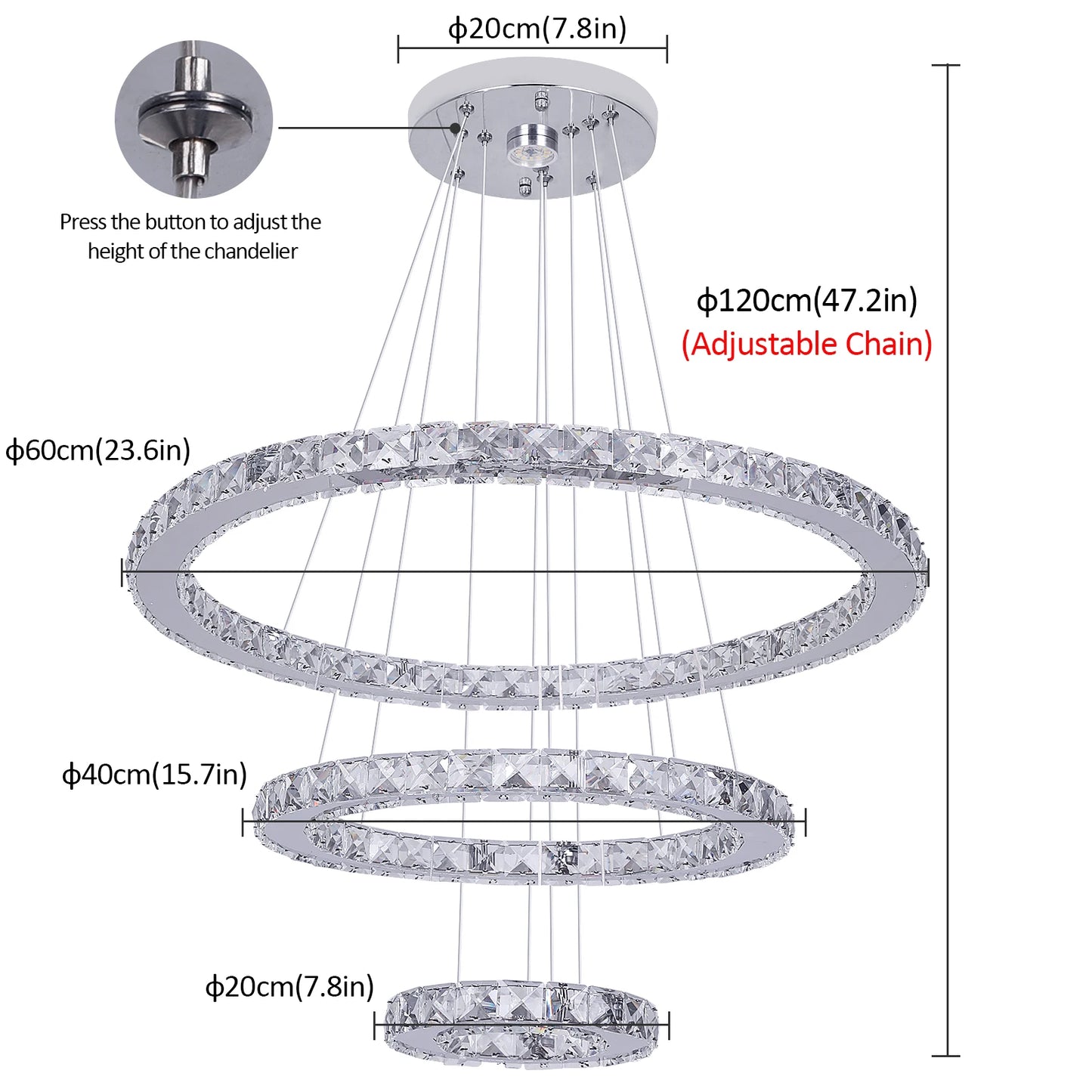 Modern Crystal Ring Chandelier with 3 LED Rings