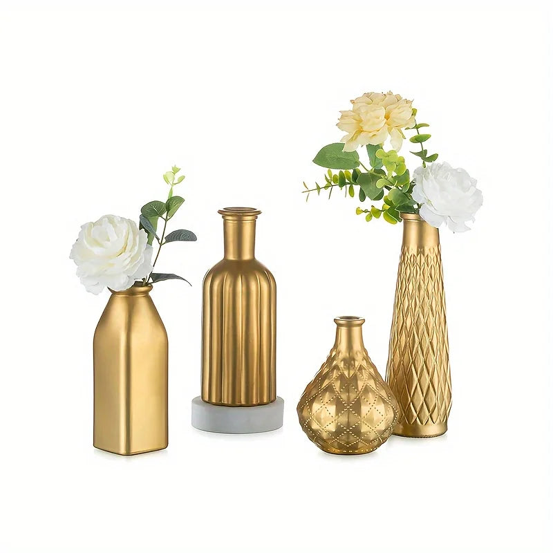 Gold Glass Vase Set with Gilded Finish - Cylindrical Decorative Accents