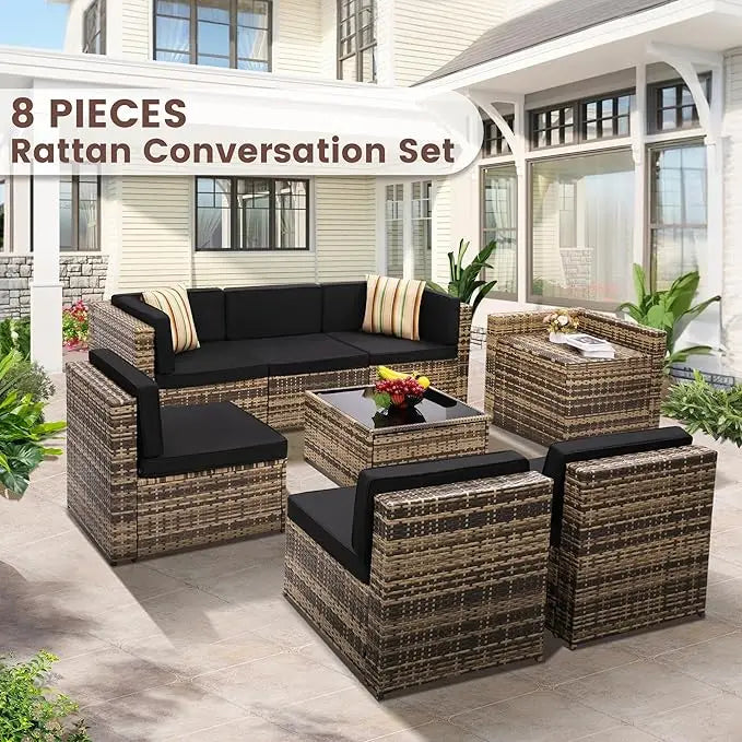 8-Piece Outdoor Patio Wicker Patio Sectional with Storage Table