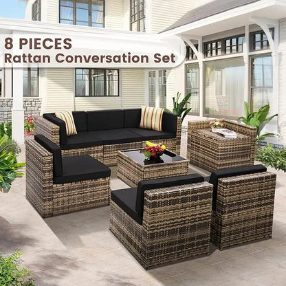 8-Piece Outdoor Patio Wicker Patio Sectional with Storage Table