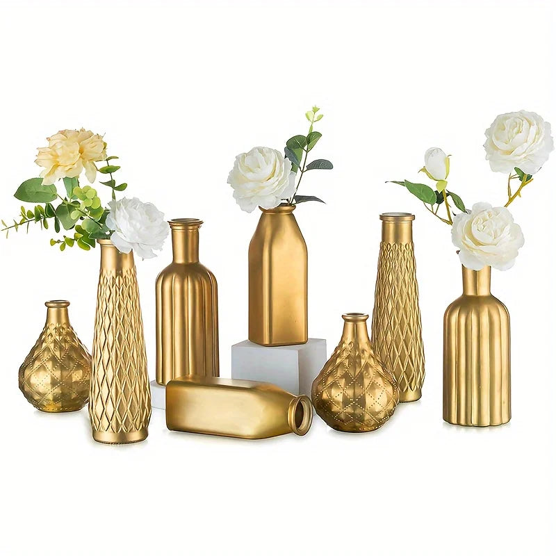 Gold Glass Vase Set with Gilded Finish - Cylindrical Decorative Accents