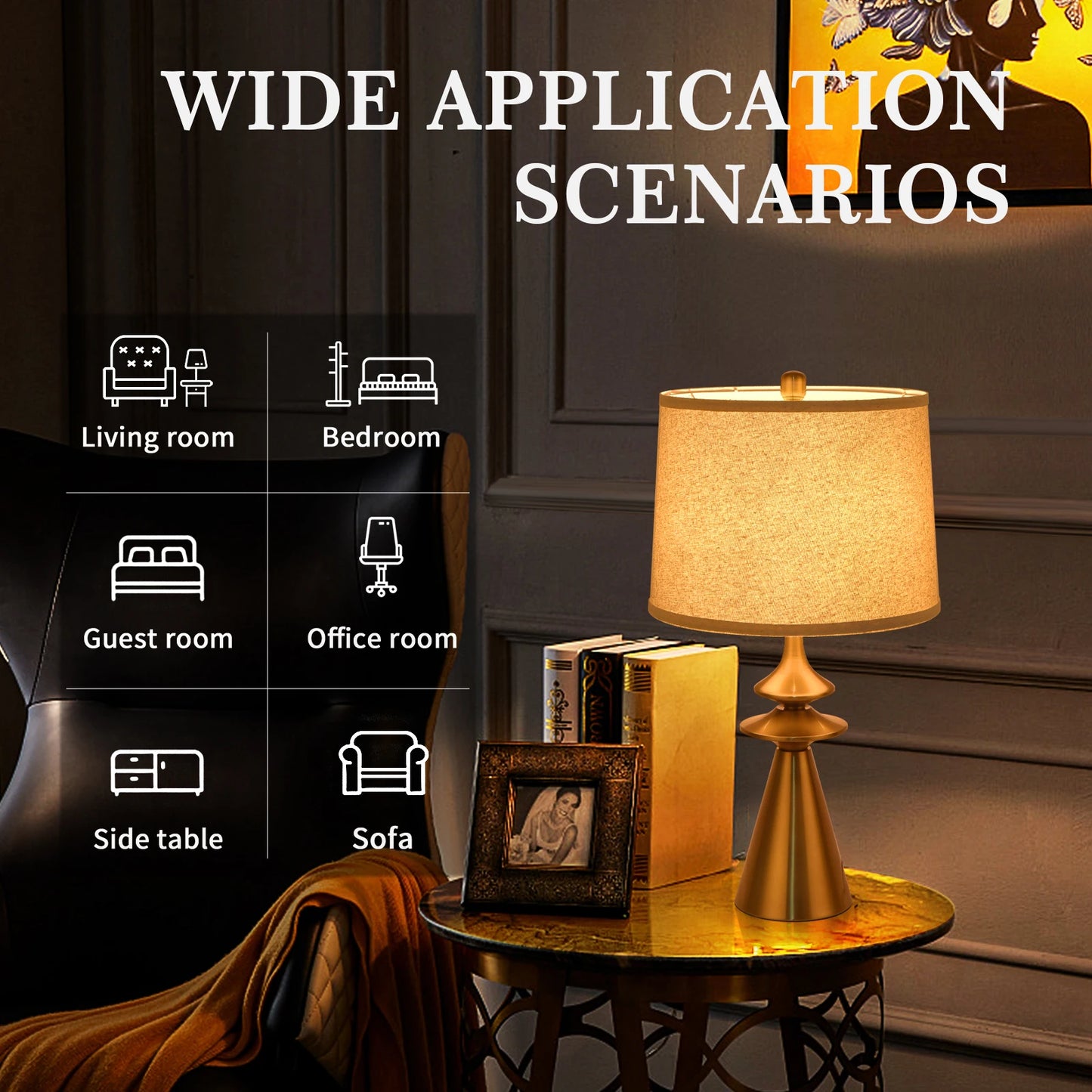 Modern Gold Bedside Table Lamp with Fabric Shade