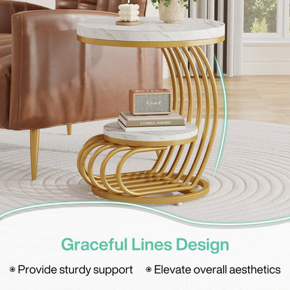 Gold Round End Table with Storage Shelf