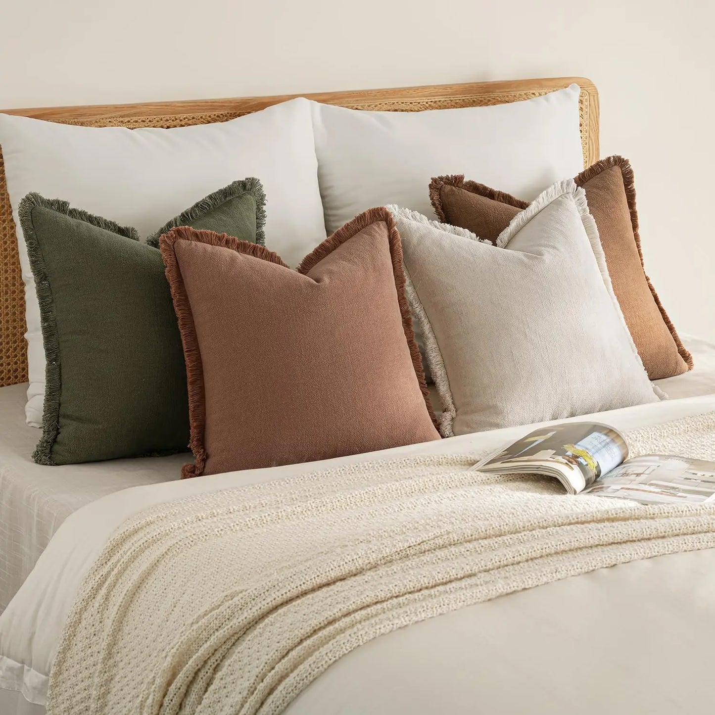 Neutral Linen Fringe Throw Pillows Set of Four