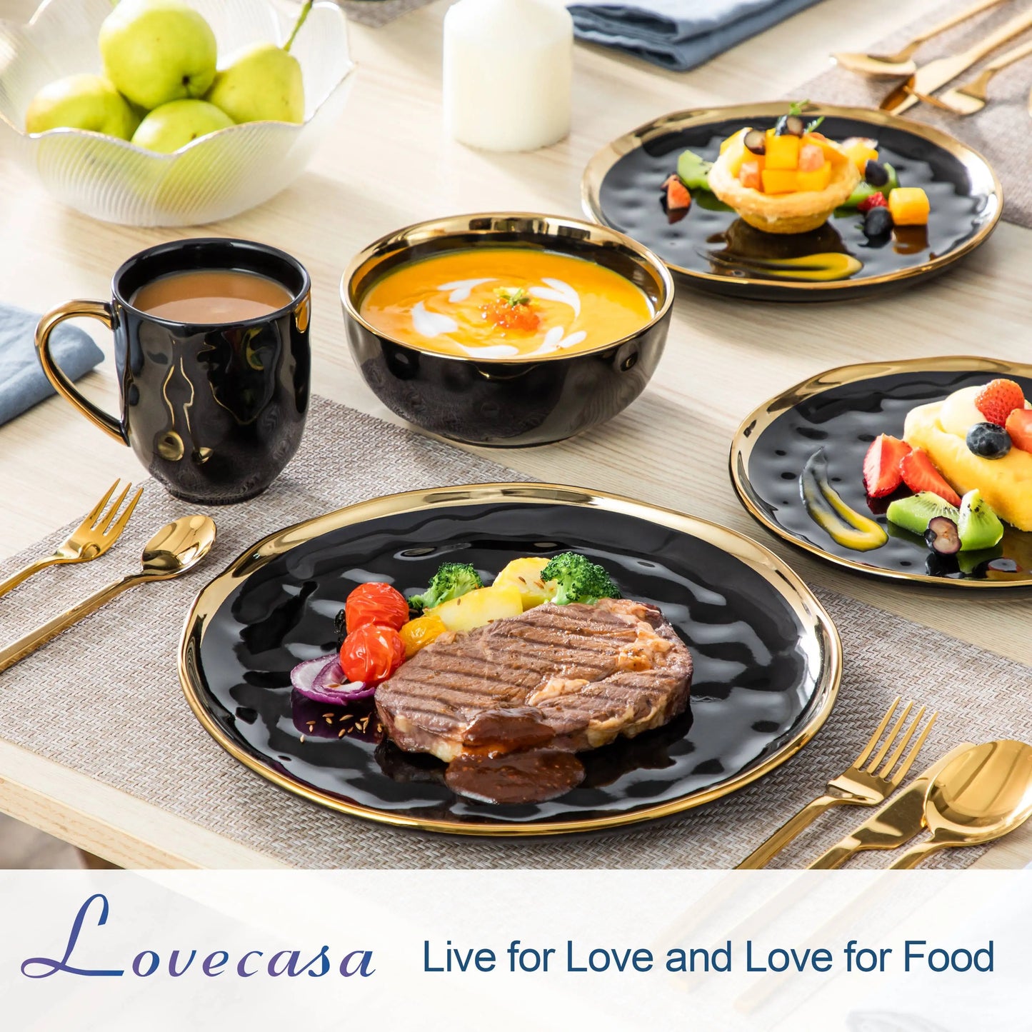 Black Porcelain Dinnerware Set with Elegant Gold Trim