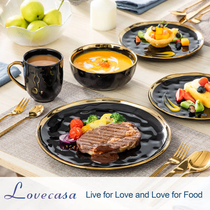 Black Porcelain Dinnerware Set with Elegant Gold Trim
