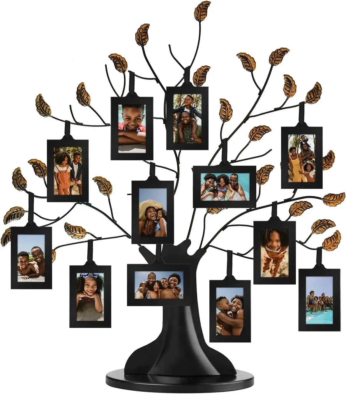 Family Tree Picture Frame with 12 Hanging Frames, Adjustable Ribbons, Ideal for Gifts and Decor in Black and Bronze