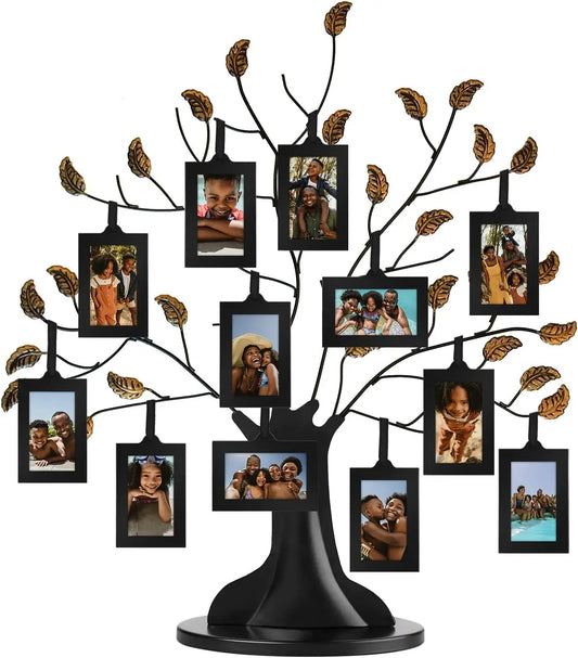 Family Tree Picture Frame with 12 Hanging Frames, Adjustable Ribbons, Ideal for Gifts and Decor in Black and Bronze