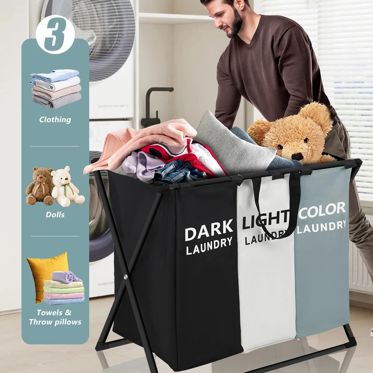 3 Section Laundry Sorter Hamper Basket