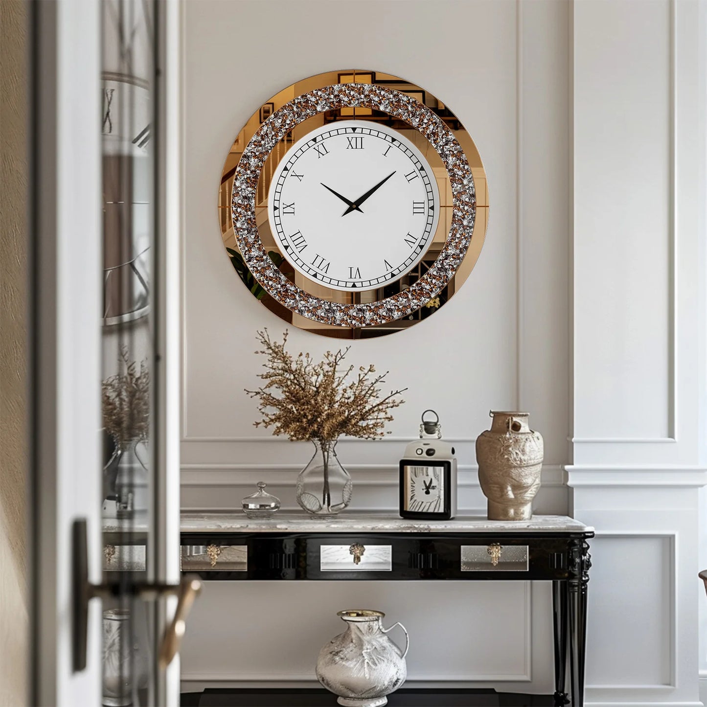 24-inch Mirrored Wall Clock with Crystal Accents
