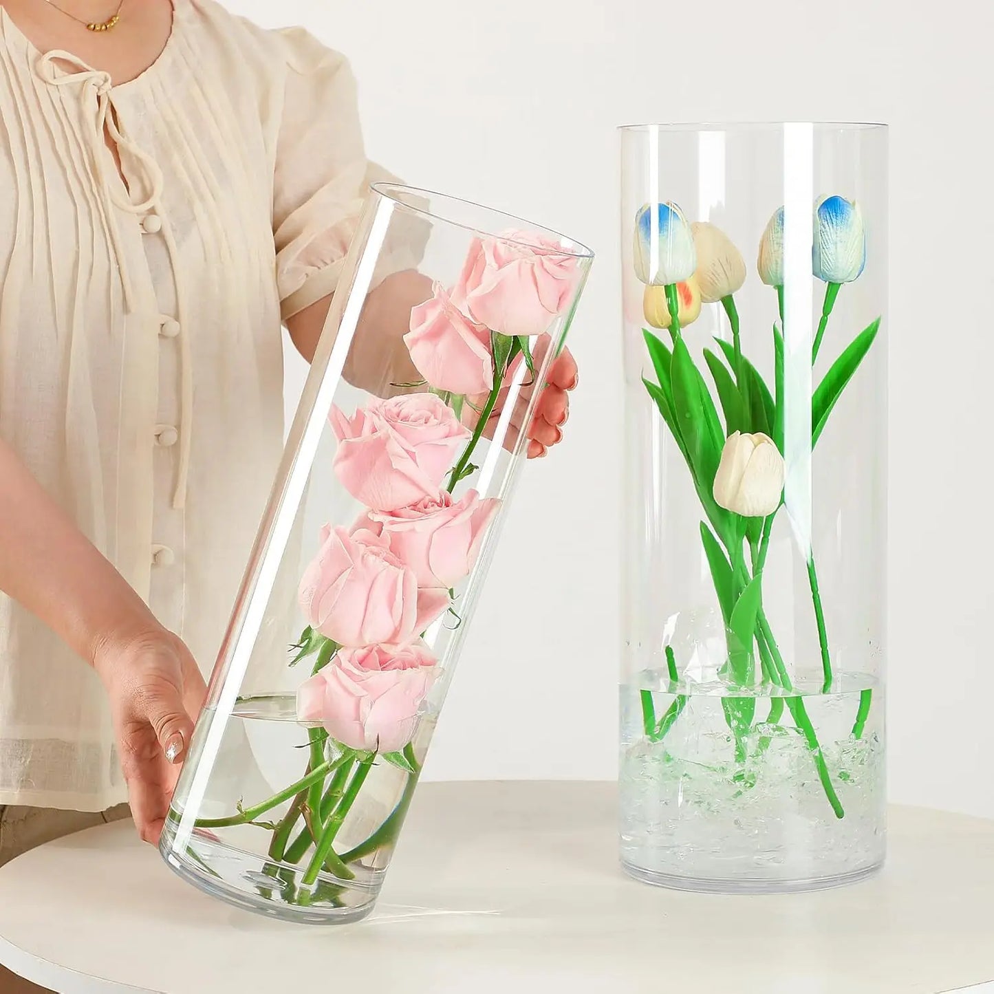 Clear Acrylic Cylinder Hurricane Vase Set with Stand