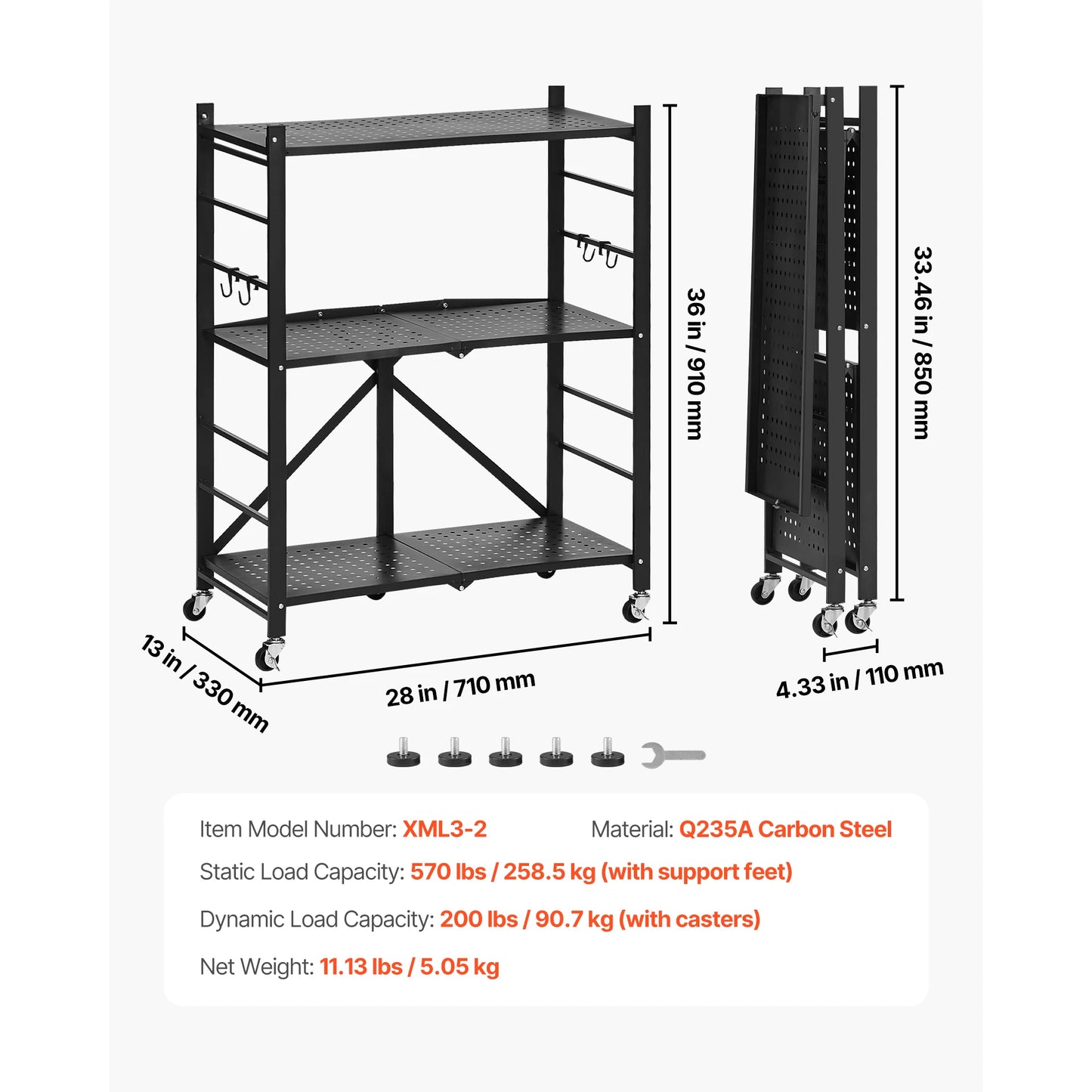Foldable Rolling 5-Tier Metal Storage Shelf Rack
